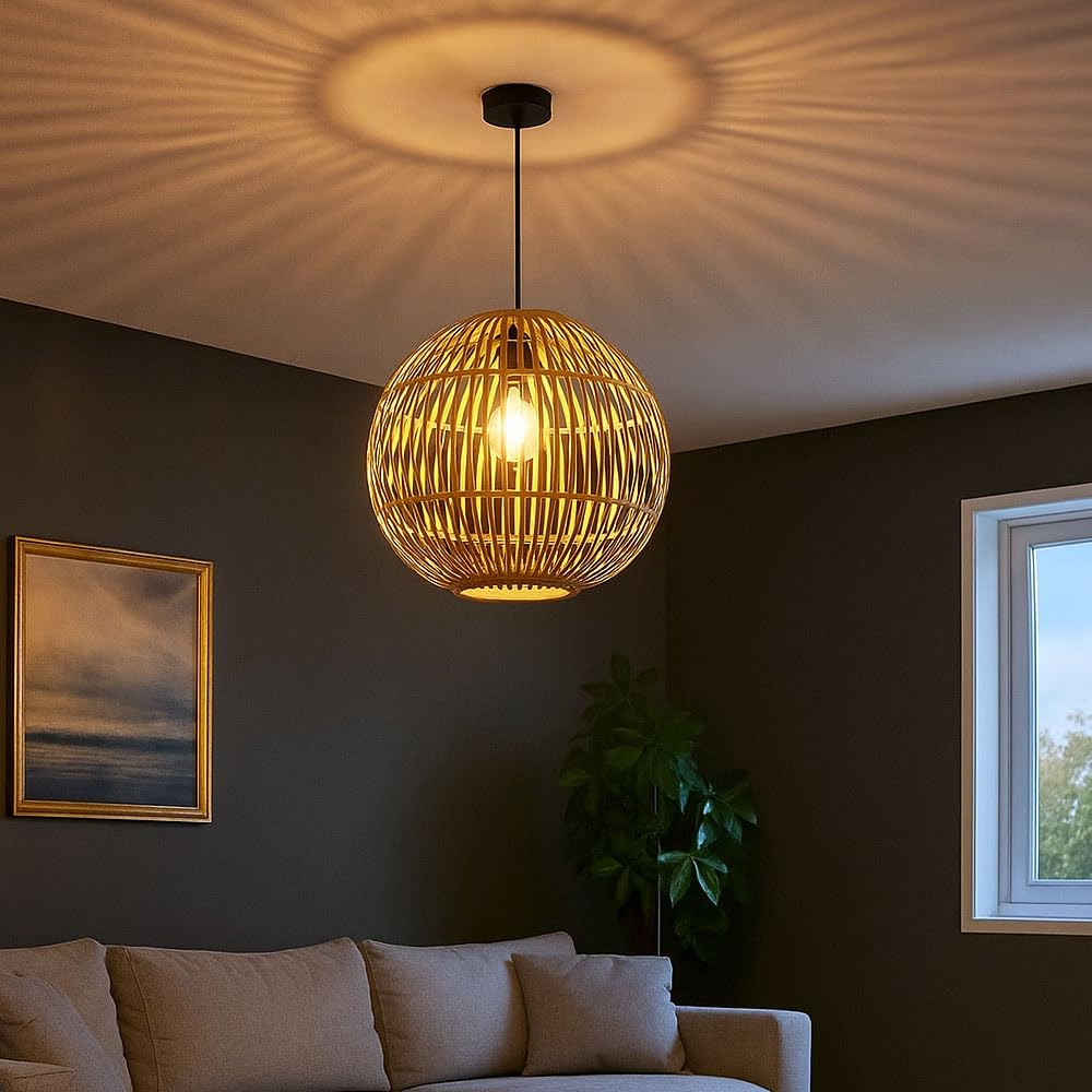 Pendelleuchte Hängelampe Wohnzimmerleuchte Esszimmerlampe Deckenleuchte, Bambus naturfarben, 1x E27 LED 7W 806Lm 2700K warmweiß, H 150 cm