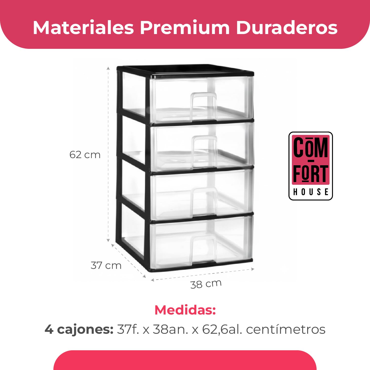 COM-FORT HOUSE | Cassettiera impilabile in plastica | Modello Trasparente | Colore nero | Modello a 4 cassetti | Cassetti modulari
