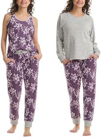 Karen Neuburger Live Love Lounge Womens 3 Piece Lounge Pajama Set US, Alpha, Medium, Regular, Regular, Grey/Plum/Floral