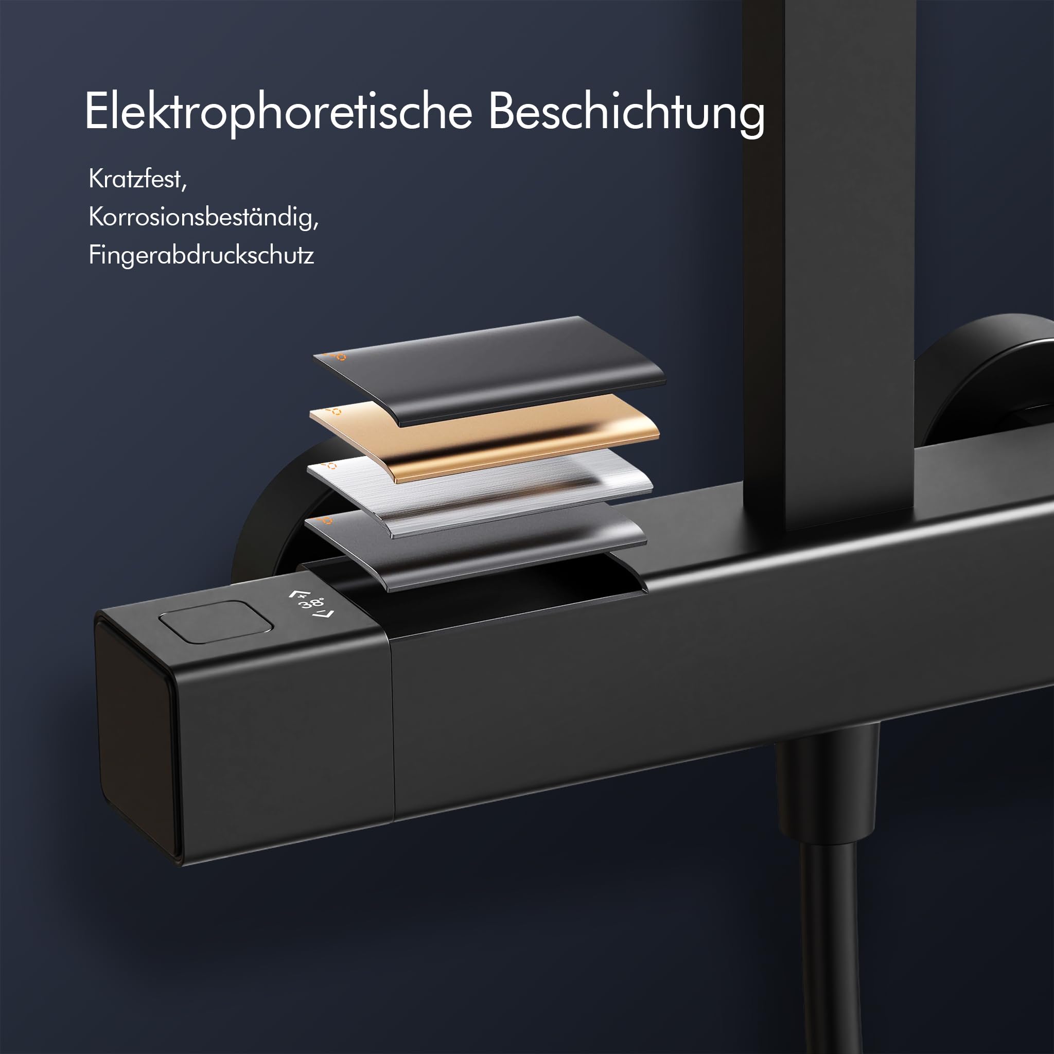 HOMELODY Duschsystem mit Thermostat & Duschablage Schwarz - Duscharmatur Komplettset mit Handbrause & Kopfbrause - Höhenverstellbar, 38 °C Sicherheitssperre, Wandmontage für modernes Badezimmer