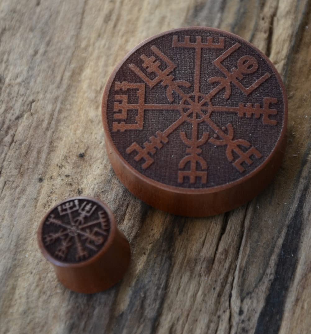 CHICNET Plug Flesh Tunnel Ohr Piercing rot braun Holz mit Gravur Inlay, double flared Wikinger Kompass Runen Viking Vegvisir Tribal Celtic Dehner 6mm-30mm