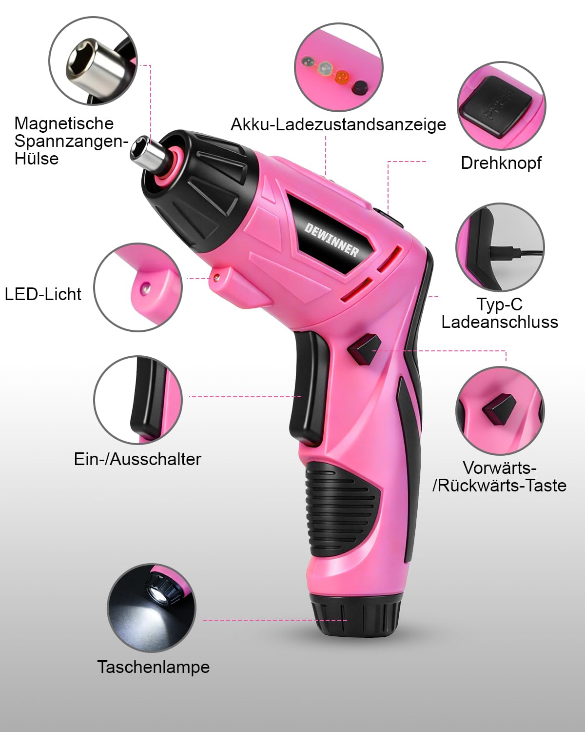 DEWINNER Destornillador Eléctrico Rosa 3N.m 1300mAh – Kit Taladro Destornillador Inalámbrico Recargable con Luz LED, Cable USB – Ideal para Bricolaje, Montaje de Muebles y Reparaciones Domésticas