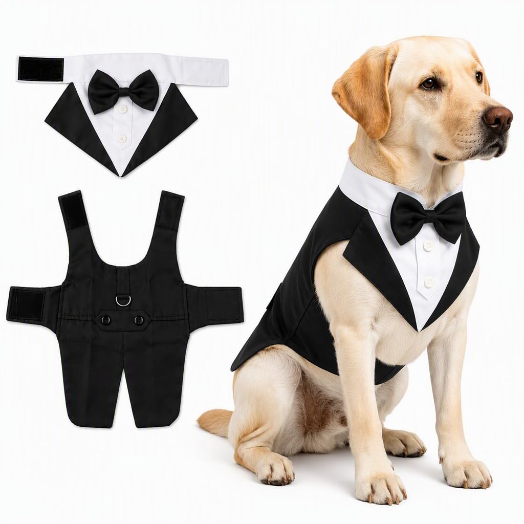 Dog Tuxedo Formal Suit Set with Bow Tie and Detachable Bandana