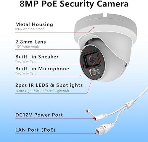 Miniatura 3 de Tennoz Cámara domo de torreta IP PoE de 8MP 4K para exteriores, cámara IP de seguridad a todo color con luz dual inteligente Colorvu, conversación