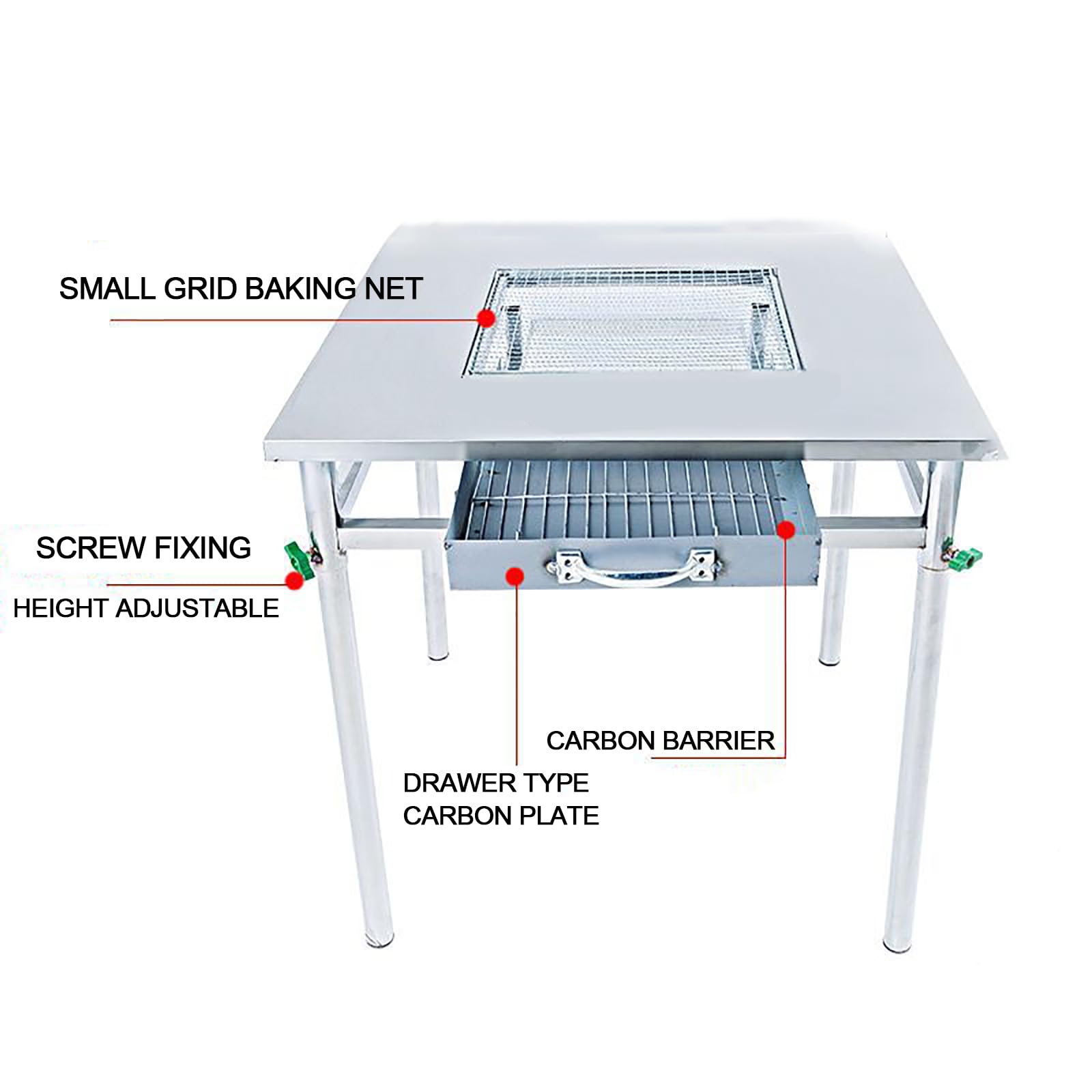 gril charbon bois, grand espace rangement, cartouche charbon tiroir, détachable, hauteur réglable, facile transporter, matériau en acier inoxydable magnétique antiadhésif, pour cuisine plein air