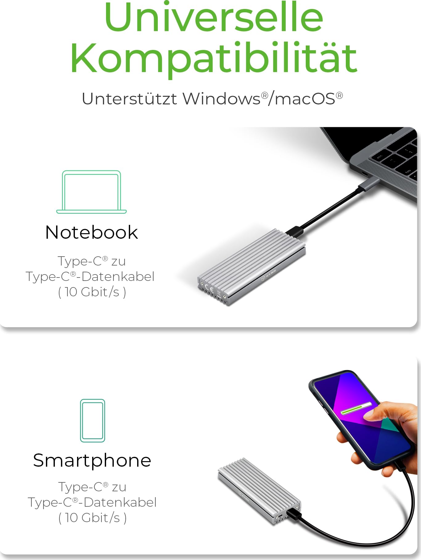 Icy Box Caja SSD M.2 NVMe USB 3.1 (Gen2, 10 Gbps), Sistema de refrigeración, USB-C, USB-A, PCIe M-Key, Aluminio, Plata