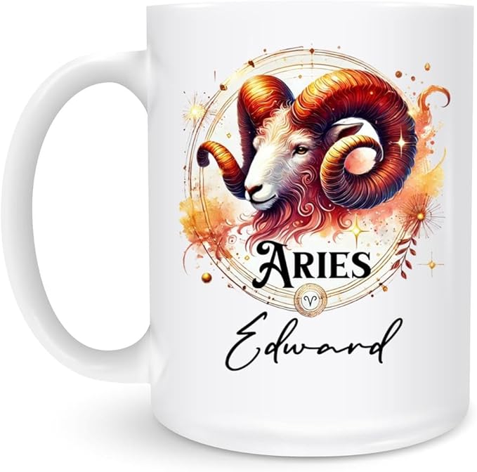 Personalized Aries Zodiac Mug 11oz 15oz - Custom Name Ceramic Coffee Cup for Astrology Fans, Aries Birthday Gift, Unique Ram Symbol Art, Horoscope Star Sign Present, Fiery Celestial Theme
