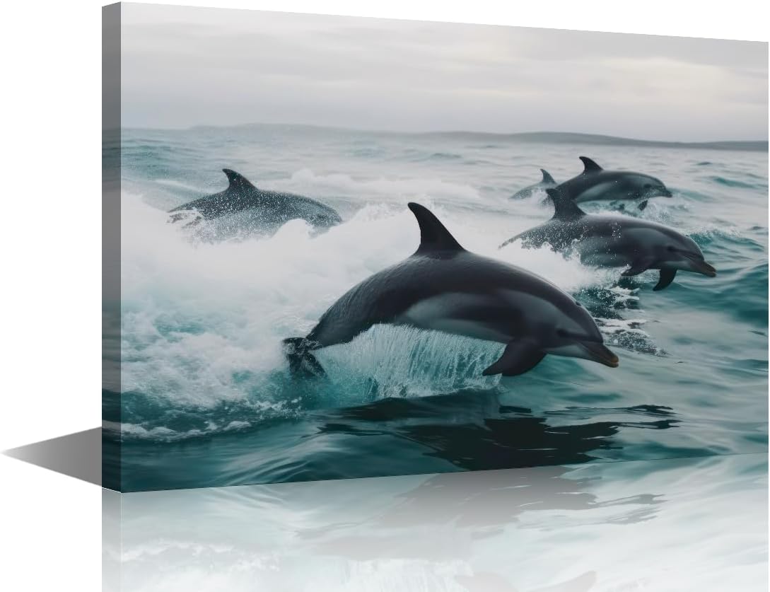 Ocean Theme Dolphin Canvas Wall Art For Bedroom Wall Decor For Living Room Dolphins Jumping Over The Water Wall Painting Animal Dolphin Retro Style Pictures Bathroom Home Decor 1 Piece (12"Wx18"H)