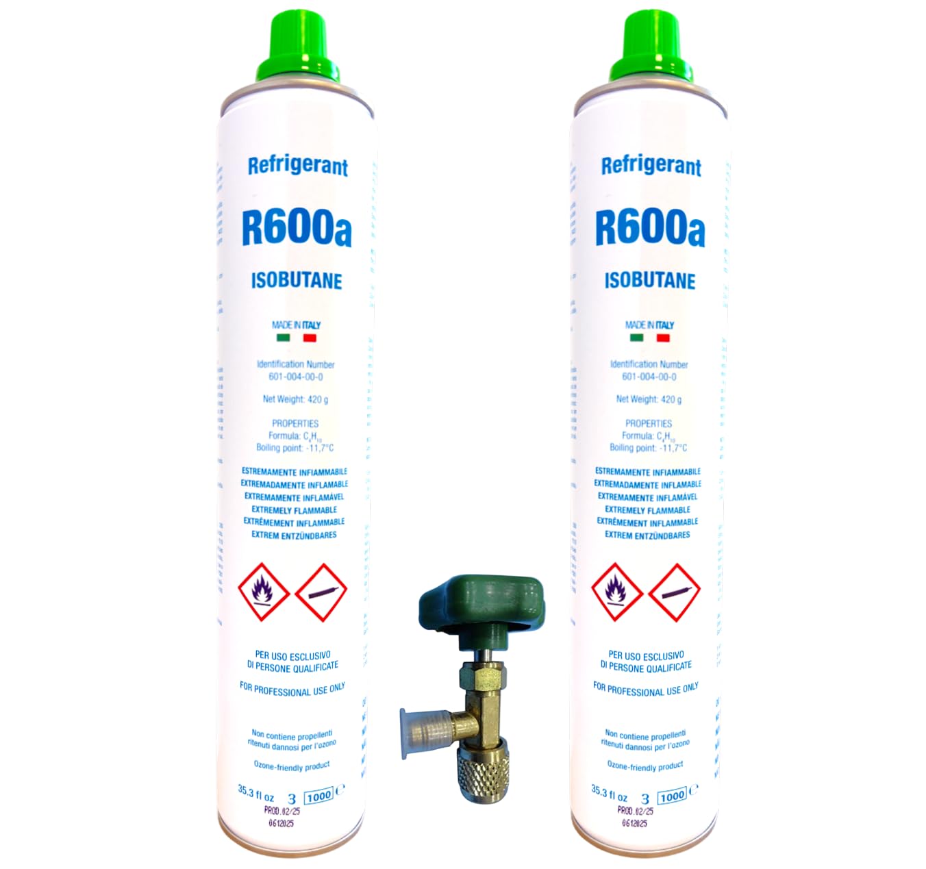 2x Envases Gas Refrigerante R600a Isobutano | 840g Neto Total (2x 420g) | Para Neveras y Congeladores Domésticos | Kit de Recarga con Válvula de Servicio | Gas Ecológico HC