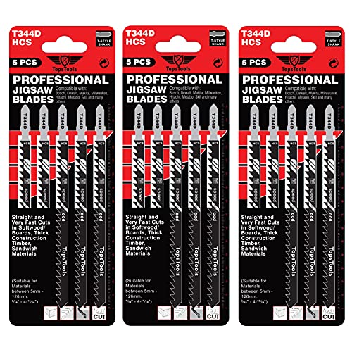 15 x TopsTools JSTT344D_3 T344D Lames de scie sauteuse pour coupes nettes et rapides de 152mm de long compatibles avec Bosch Dewalt Makita Milwaukee et bien...
