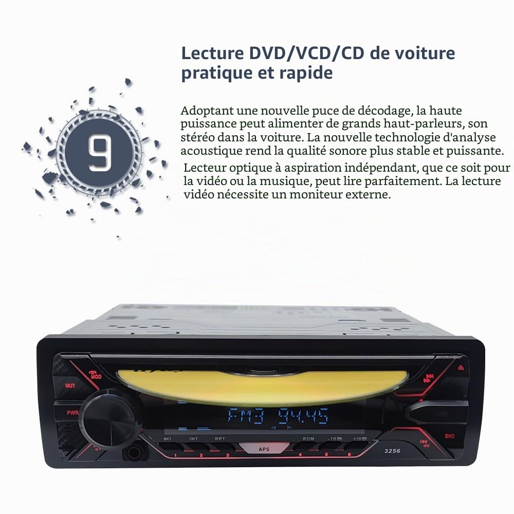 Autoradio Panneau détachable stéréo 1 DIN 12V Radio FM MP3 MP3 Bluetooth CD VCD Récepteur multimédia pour Voiture USB USB