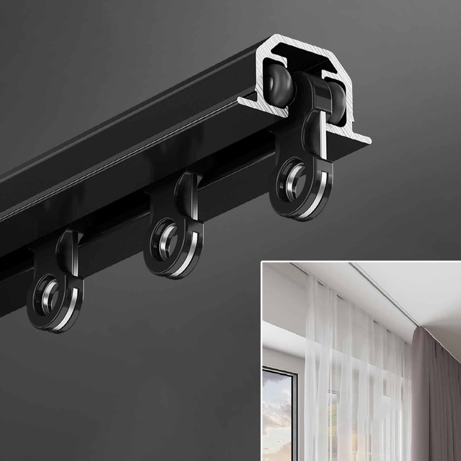 Heavy-Du Système de rail coulissant en métal noir de 1 à 8 m avec rouleau – Idéal pour les cloisons de séparation de pièce et les espaces de bureau, décoration d'intérieur parfaite (3,3 m)