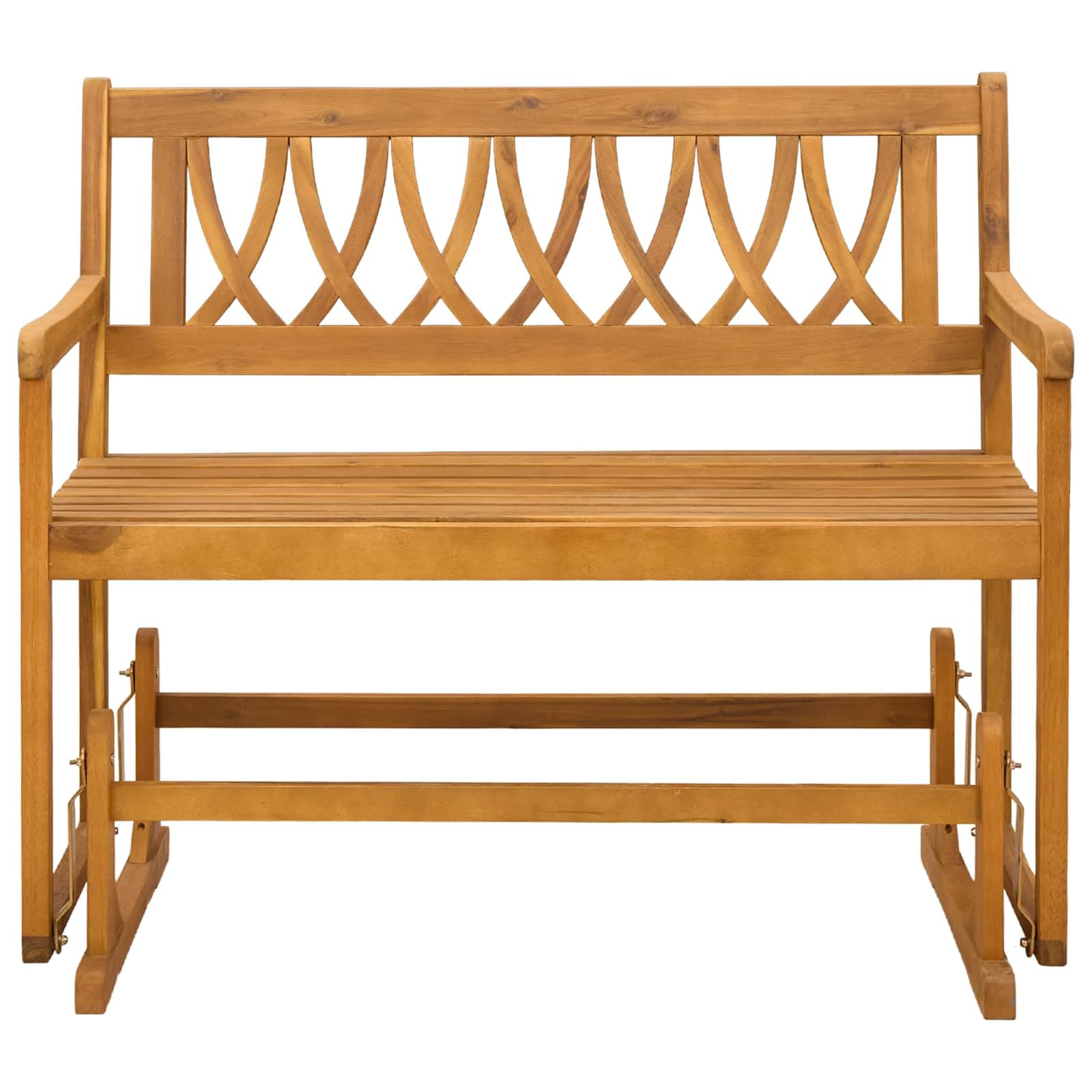 Banco de jardín rústico de madera maciza de acacia, 110 x 59 x 97 cm, con reposabrazos planos y patas de poste estables para un agarre seguro, superficie aceitada, fácil de limpiar.
