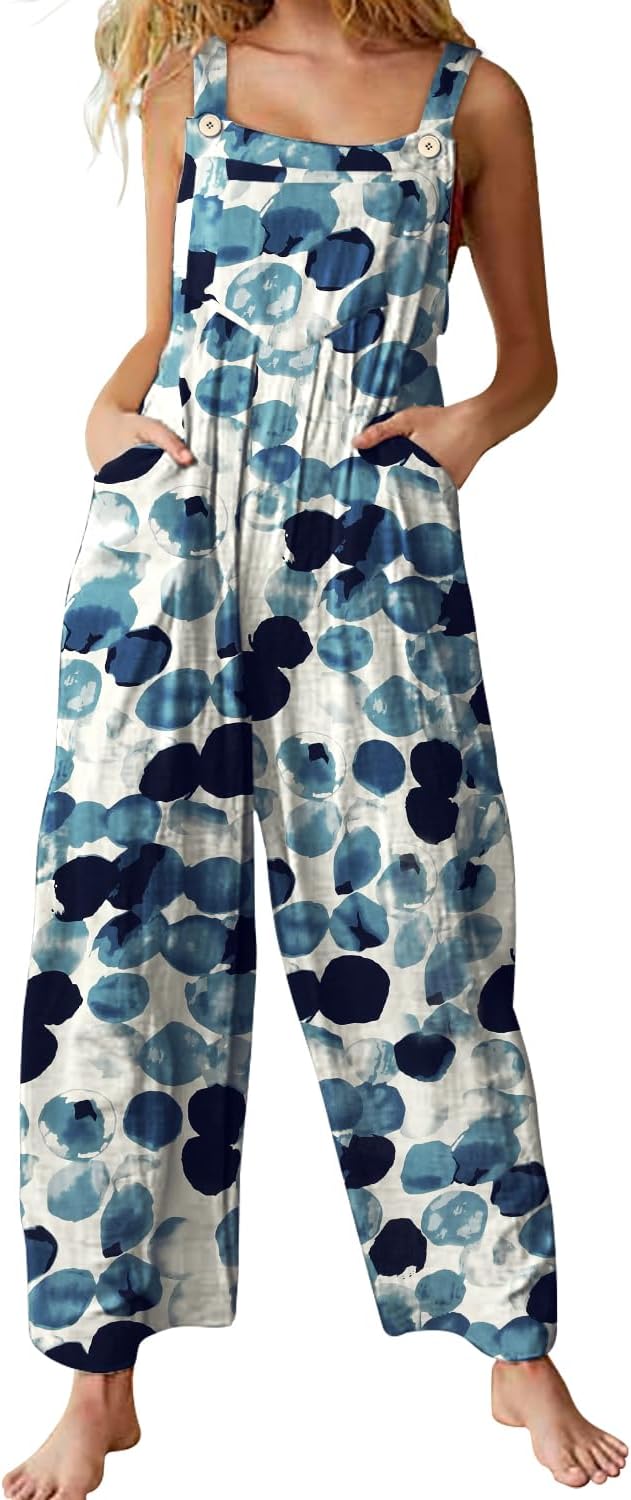 small YESNO Overalls for Women Casual Loose Summer Rompers Boho Floral Adjustable Straps Wide Leg Jumpsuits with Pockets PQ2 Small As Picture74