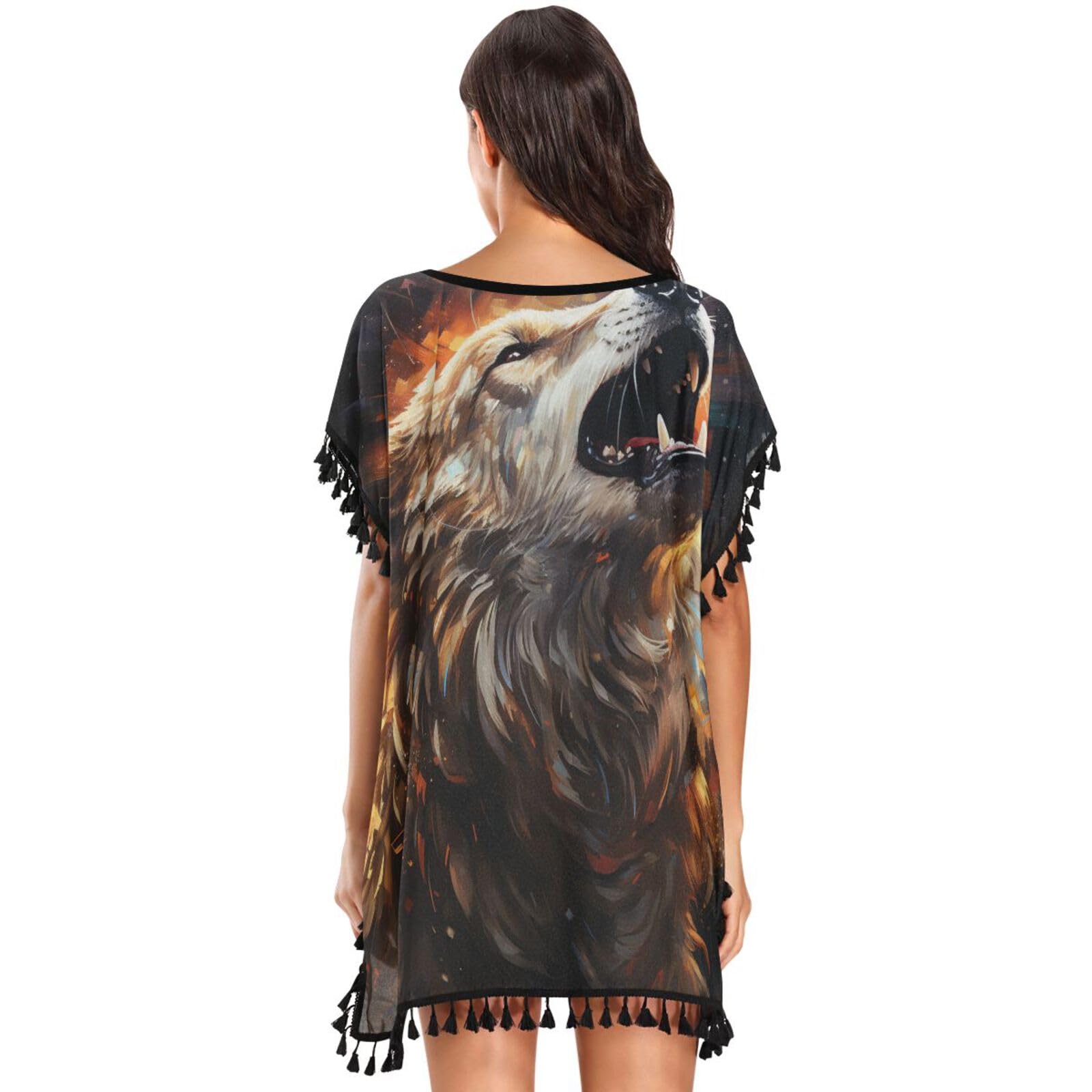 Abstract Angry Wolf Golden Space Women's Beach Cover Up Chiffon Tassel Swimwear Swimsuit Coverups for Girl