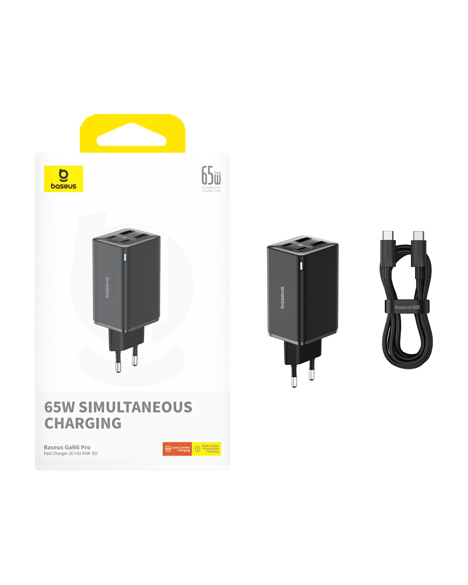 Baseus Chargeur USB C, 65 W GaN 6, Bloc d'alimentation Rapide, Multiple, pour MacBook Pro, iPad Pro, Steam Deck, Dell XPS 13, iPhone/Galaxy, Pixel, tablettes