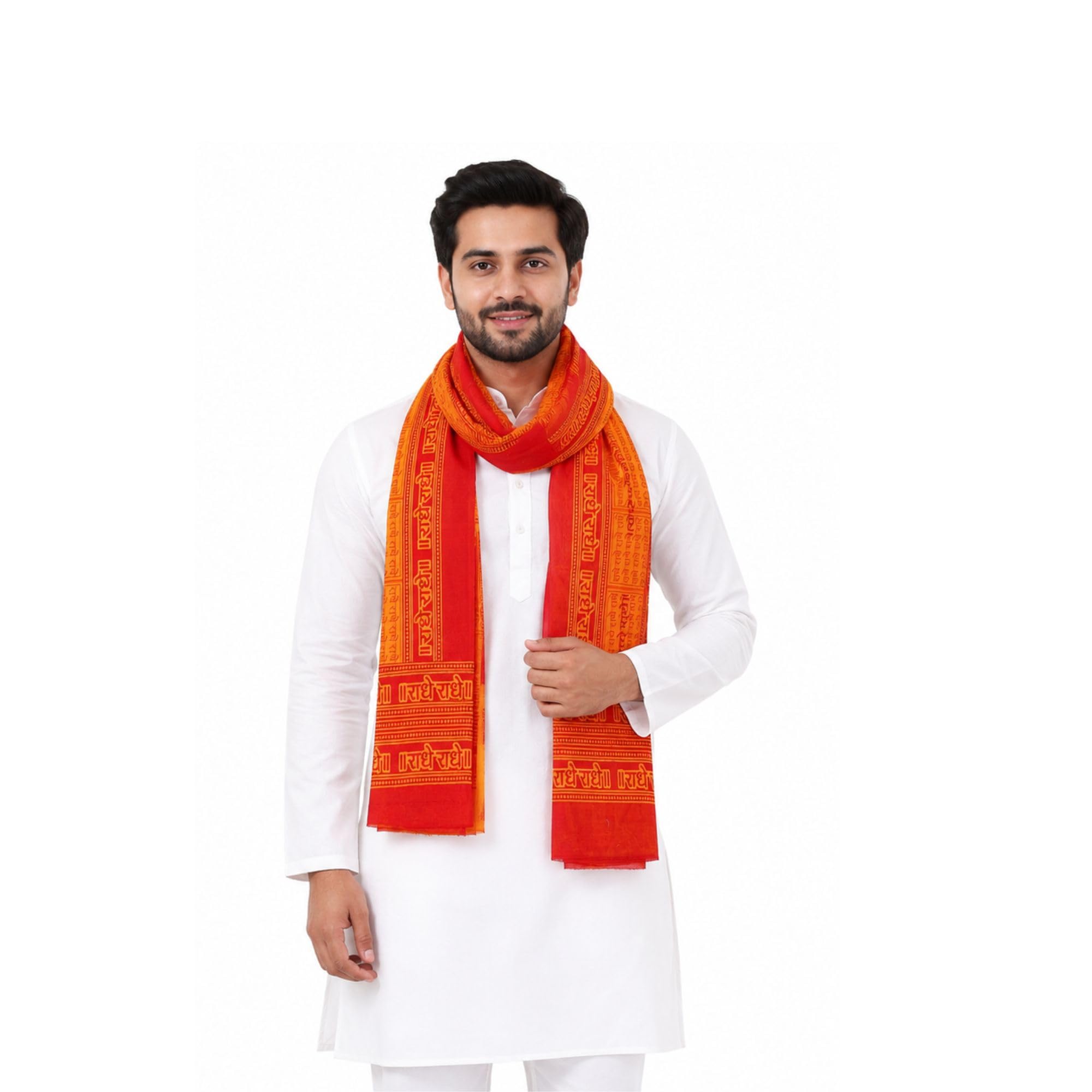 RiddhiInfotech Pure Cotton Bhagwa/Orange Gamchha Radhe Radhe Print | Religious Prayer Scarf for Men & Women | Hindu Pooja Angavastram | Temple Shawl | 1 Pc-picture-13