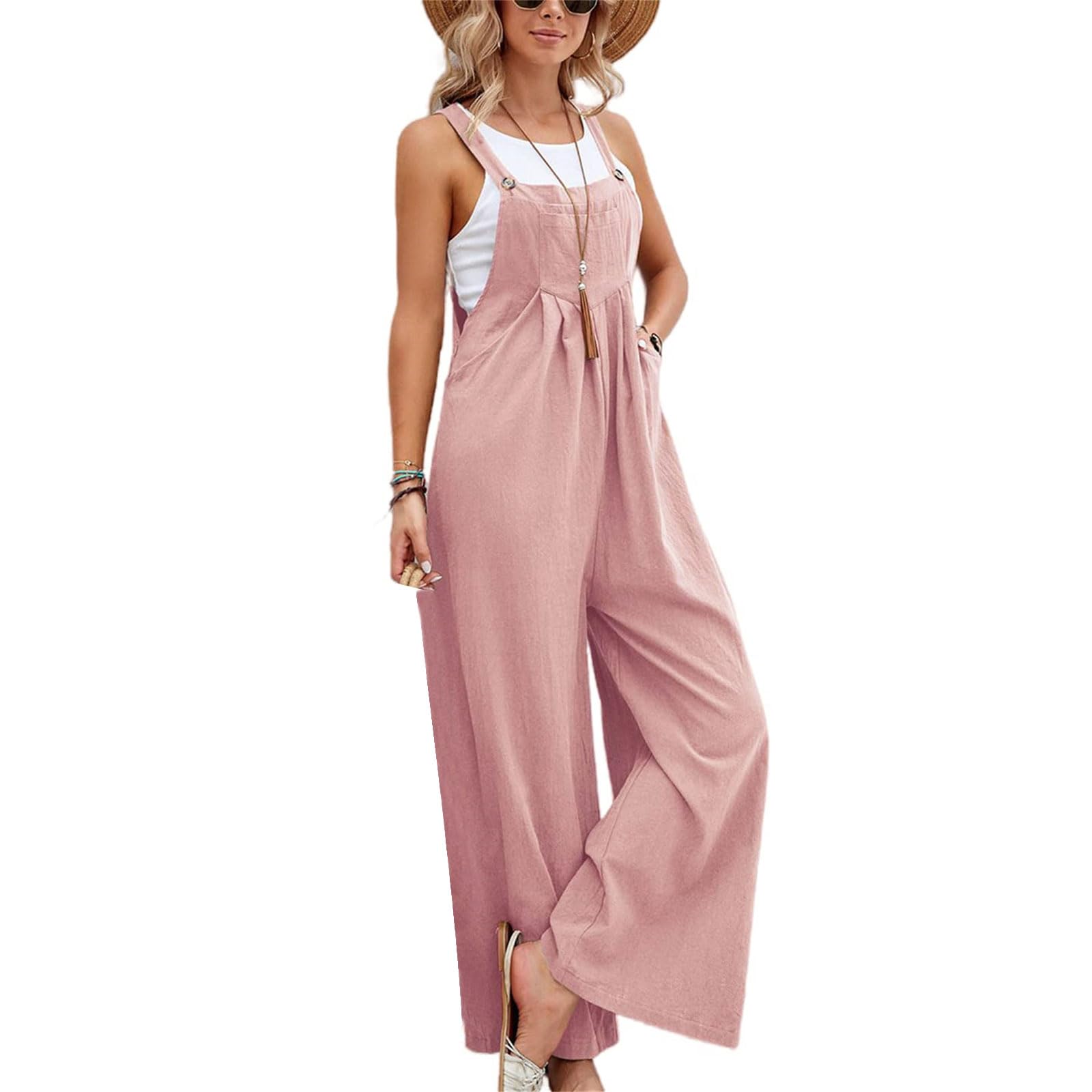 Kubbon Womens Wide Leg Jumpsuits Sleeveless Straps Bib Overalls Summer Baggy Casual Pants Rompers Overalls with Pockets