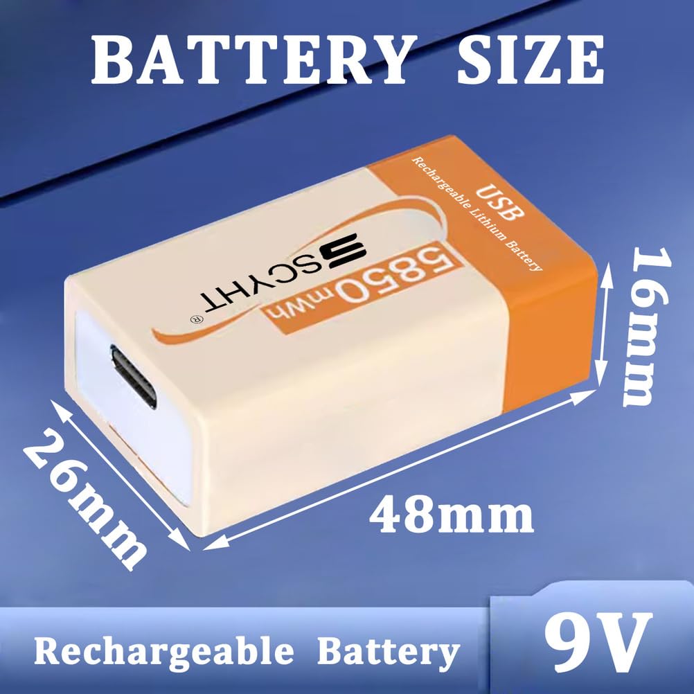 Baterie litowe USB 9 V Bateria zamienna 9 V Bateria litowo-jonowa do czujników dymu i radioodbiorników przenośnych Baterie 5850 mAh z kablem typu C,9v5850mah 2pack
