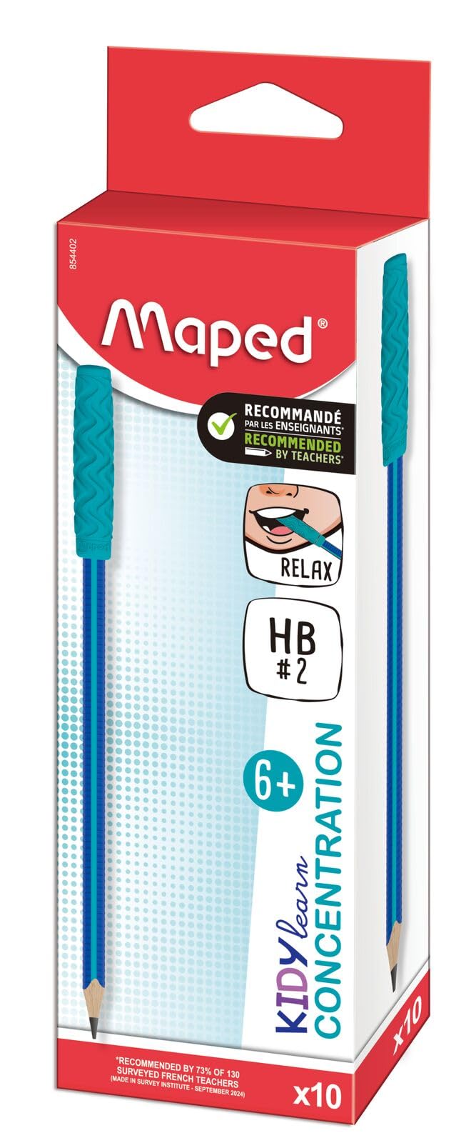 Maped - Kidy Learn Concentration - Box of 10 Ergonomic Graphite Pencils with Relaxing Chew/Bite Tips - HB Lead - Textured Grip