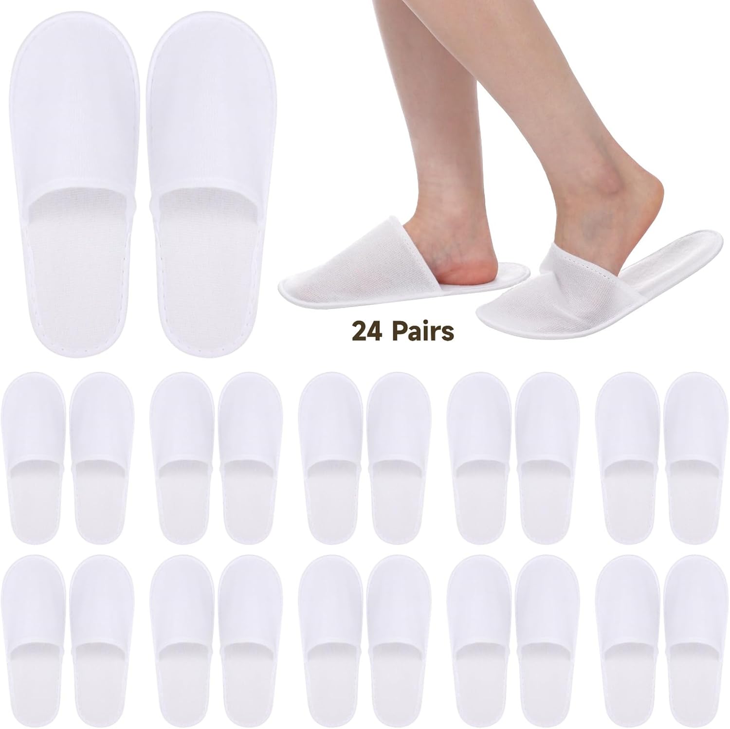 24 Pairs White Closed-Toe, Disposable Spa Slippers, Fluffy, Soft With Non-Skid Sole, One Size Fits Most, For Travel, Homes, Hotels, Parties