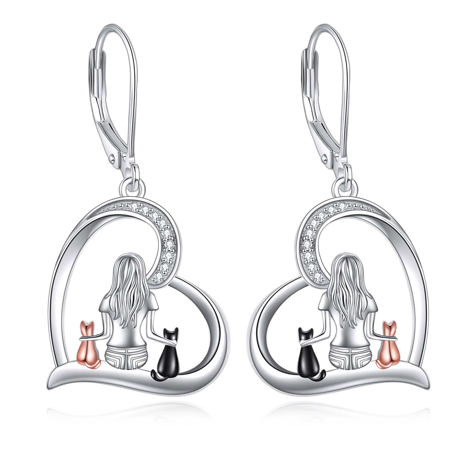 YFN Sterling Silver Cat Dangle Drop Leverback Earrings - Cat Gifts for Women & Girls