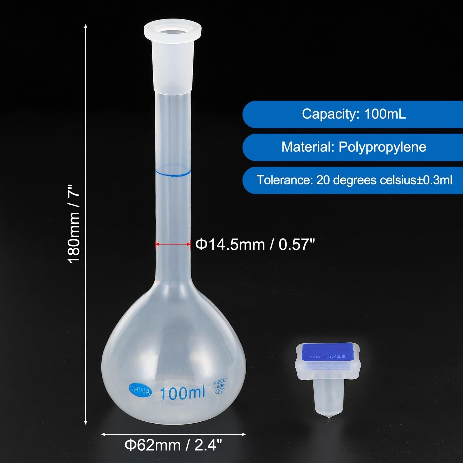 Matraz Aforado Polipropileno 250ml - Matraz de Medida Laboratorio Irrompible con Tapón y Graduación Azul(2,100ml)