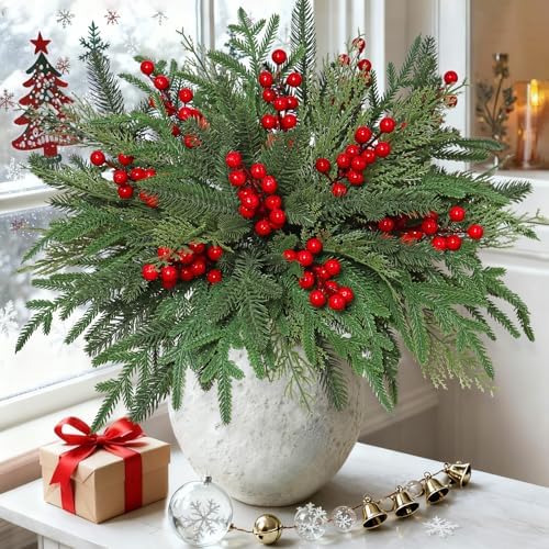 60PCS Christmas Artificial Pine Branches,Xmas Fake Pine Greenery ...