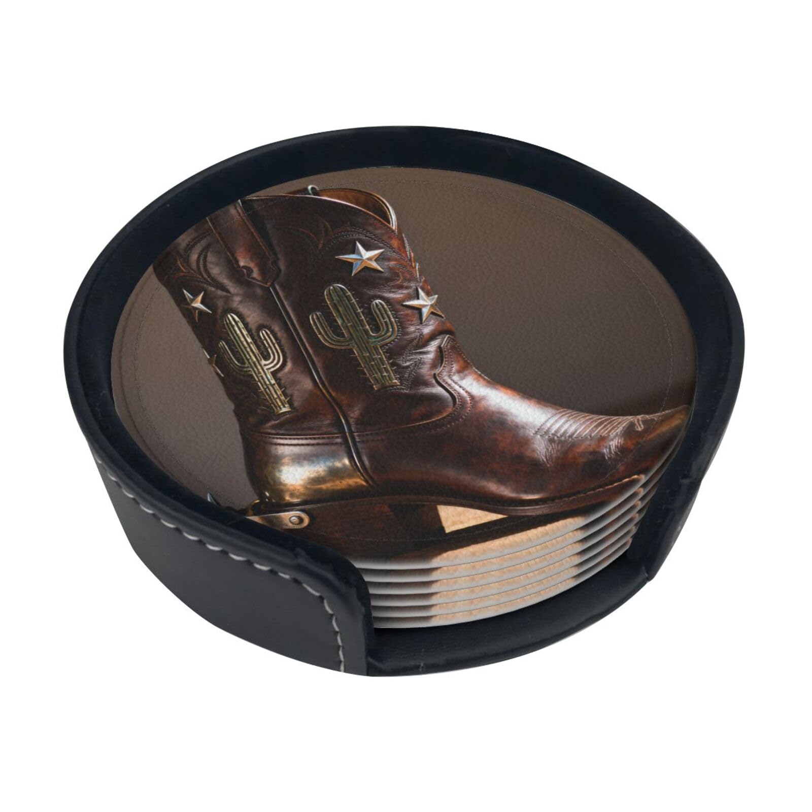 Cowboy Boot Spur Leather Coasters-Set of 6 with Storage Holder