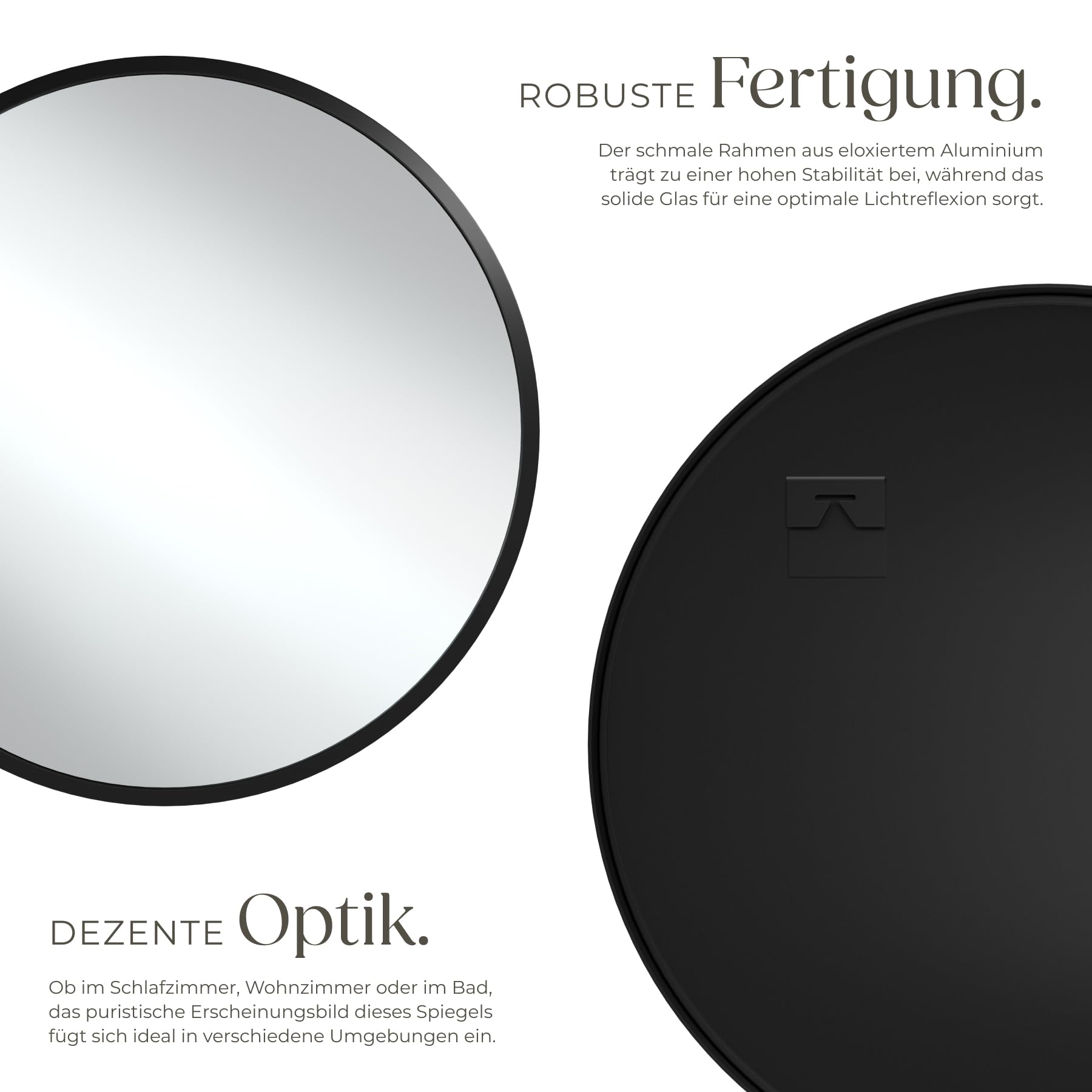 tectake® Spiegel rund schwarz, Wandspiegel modern, Badspiegel, Wanddekoration Wohnzimmer, Boho Deko Schlafzimmer, runder Badezimmerspiegel, Flurspiegel, Gäste WC, Spiegelaufhängung - Ø80 x 2,5 cm