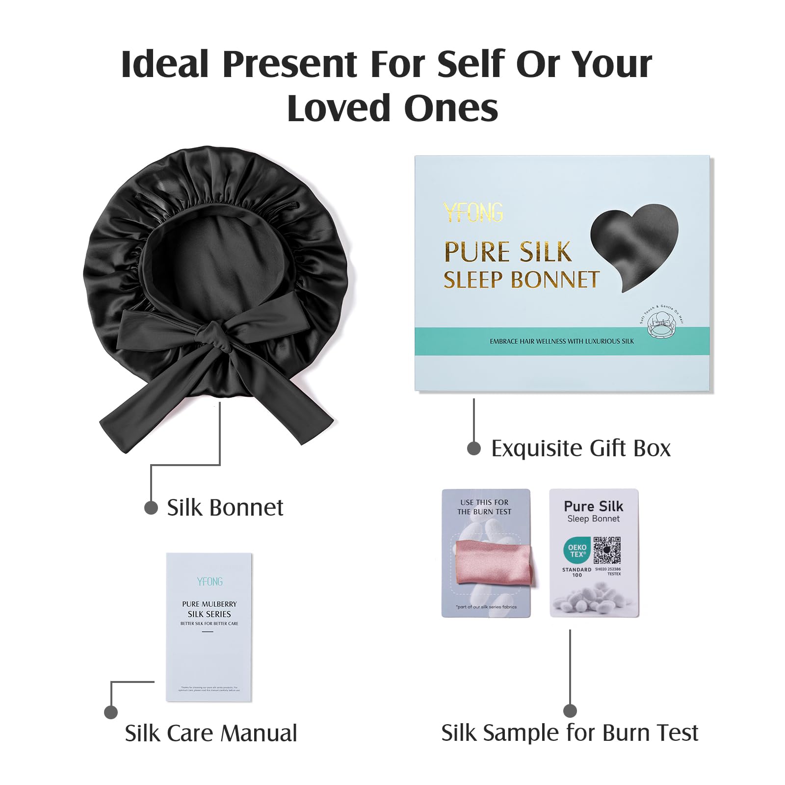 YFONG 100% 22 Momme Mulberry Silk Bonnet for Sleeping Women, Larger Double Layer Silk Hair Wrap for Curly Short Long Hair, Non-Slip Sleep Cap Turban with Elastic Tie Band for Hair Care, Black