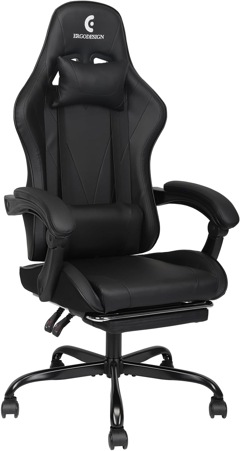 Gaming Chair with Linkage Armrest & Footrest, High Back Video Gaming Chair, Black