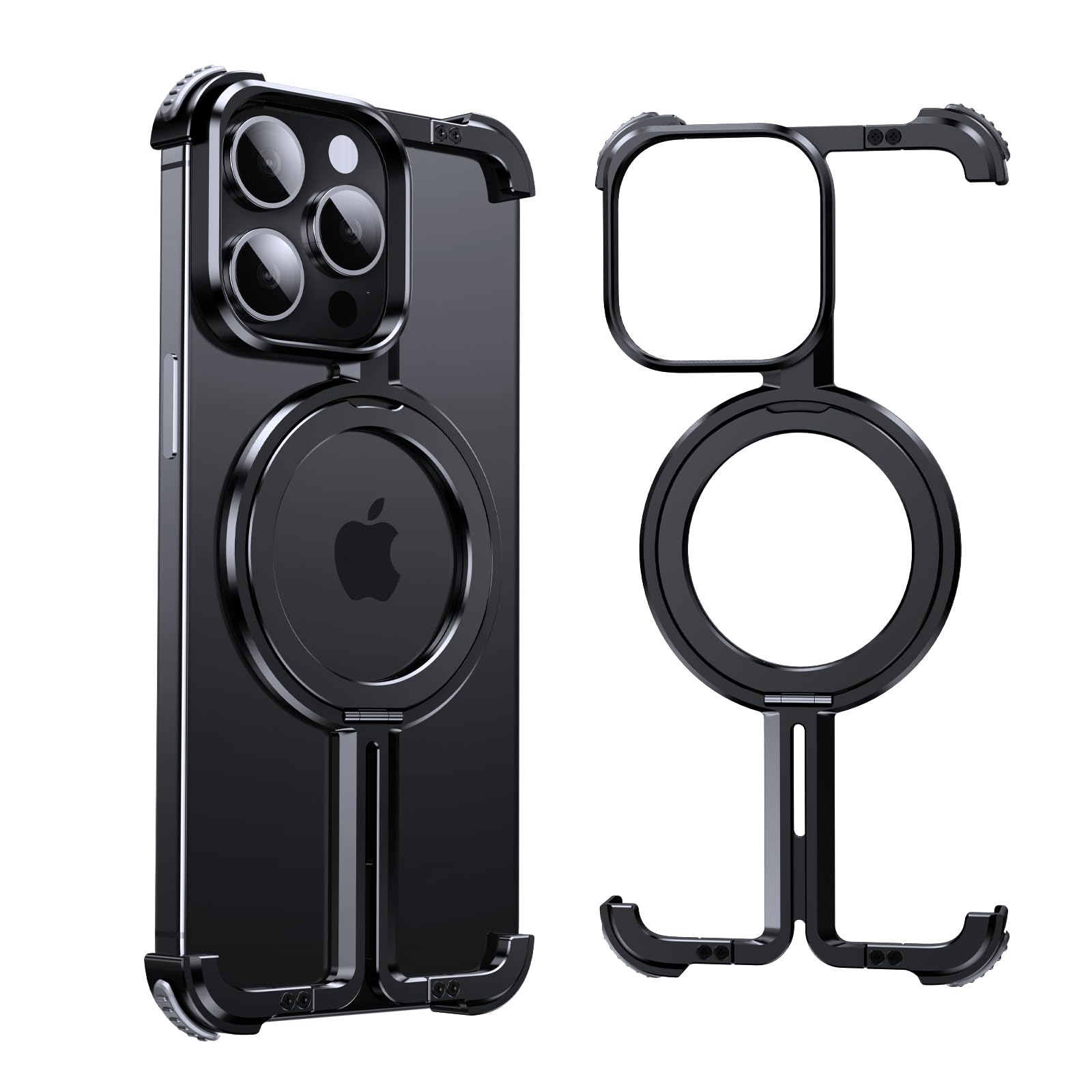 Metal Frameless for iPhone 15 Pro Case Compatible with MagSafe, Minimalist Slim Design, Natural Titanium Kickstand, Heavy Duty Shockproof Bumper Cover, Black