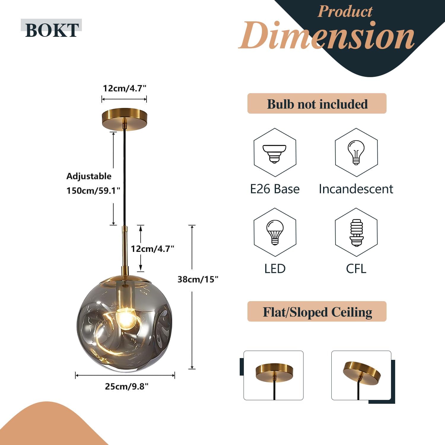 bokt 1-light large brass gold globe pendant light mid century smoke gray glass pendant lighting kitchen island ceiling hanging light fixture modern chandelier pendant light (9.8”-smoke gray) 9.8"-smoky gray