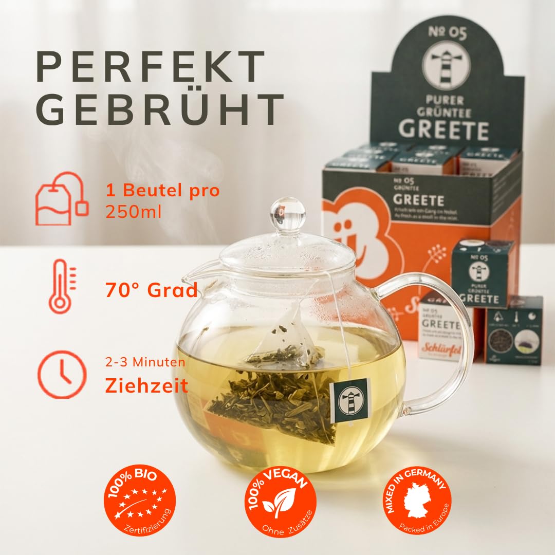 Schlürf „Greete" – Aromatischer BIO Grüner Tee aus China – Reiner Nebeltee zart-süßlich – 27 PLA Pyramidenteebeutel – PLA-Teebeutel auf Basis pflanzlicher Rohstoffe – Einzeln kuvertiert