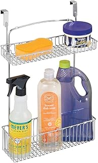 mDesign Metal Farmhouse Over Cabinet Kitchen Storage Organizer Holder or Basket - Hang Over Cabinet Doors in Kitchen/Pantry - Holds Dish Soap, Window Cleaner, Sponges - Chrome