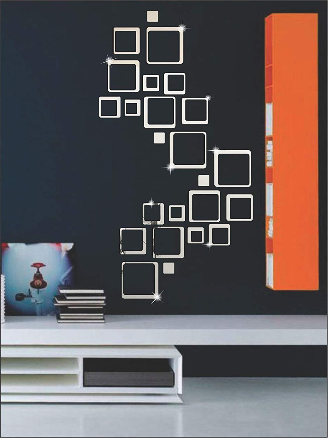Square Silver Mirror Wall Sticker, Pack of 24 with 10 Butterfly Acrylic Wall Sticker