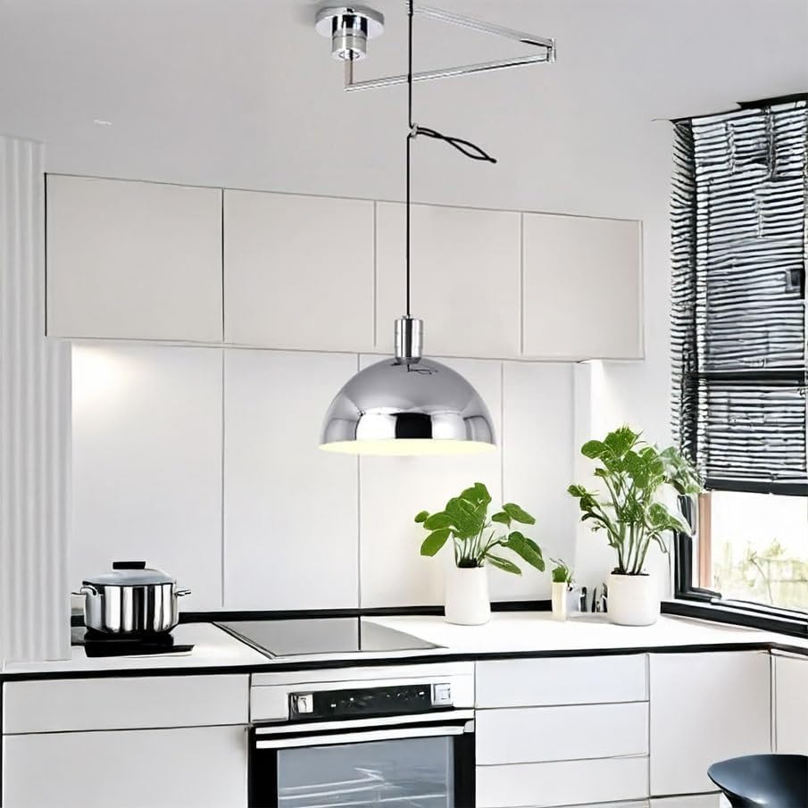 Modern Adjustable Swing Arm Pendant Light, E26 Base 3-Color Dimming Chrome Finish Dome Pendant Lamp, Retractable Lighting Fixture, for Kitchen Island Dining Room Bar
