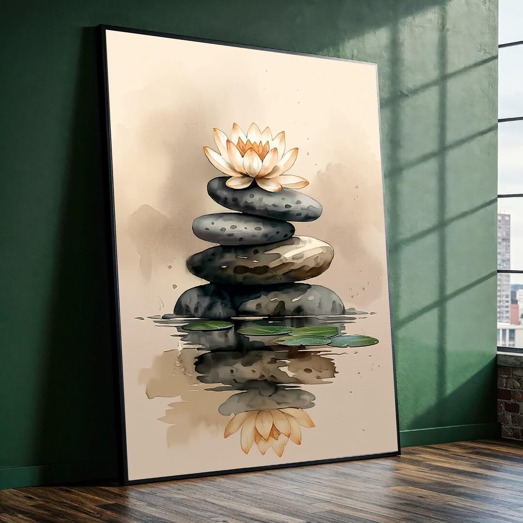 YUSUZHU Tranquil Zen Stones Stack with Lotus Flower Canvas Wall Art, Meditation Decor, Nature Reflection Canvas, Decor Painting(70x100cm/Inner Frame)