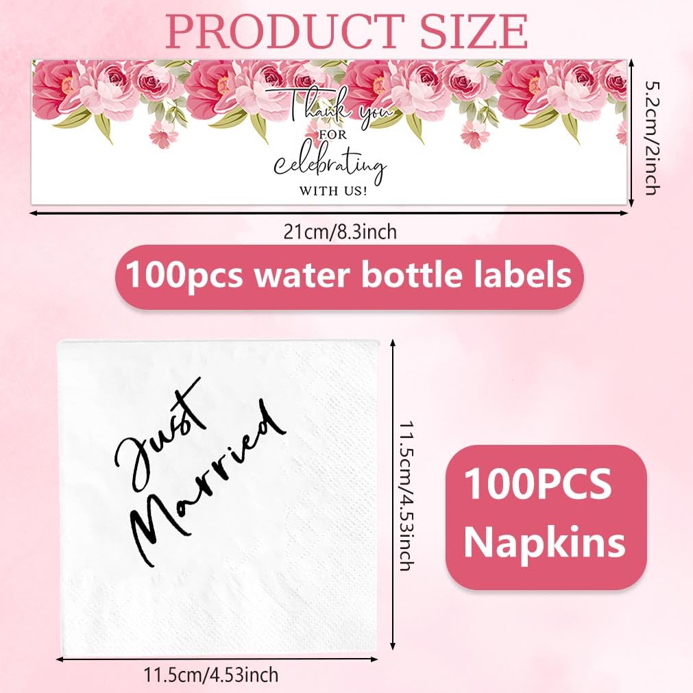 200PCS Wedding Water Bottle Labels Napkins Set, Pink Flowers Personalized Thank You Bottle Stickers & Dessert Cocktail Napkins Wedding Decorations for Reception