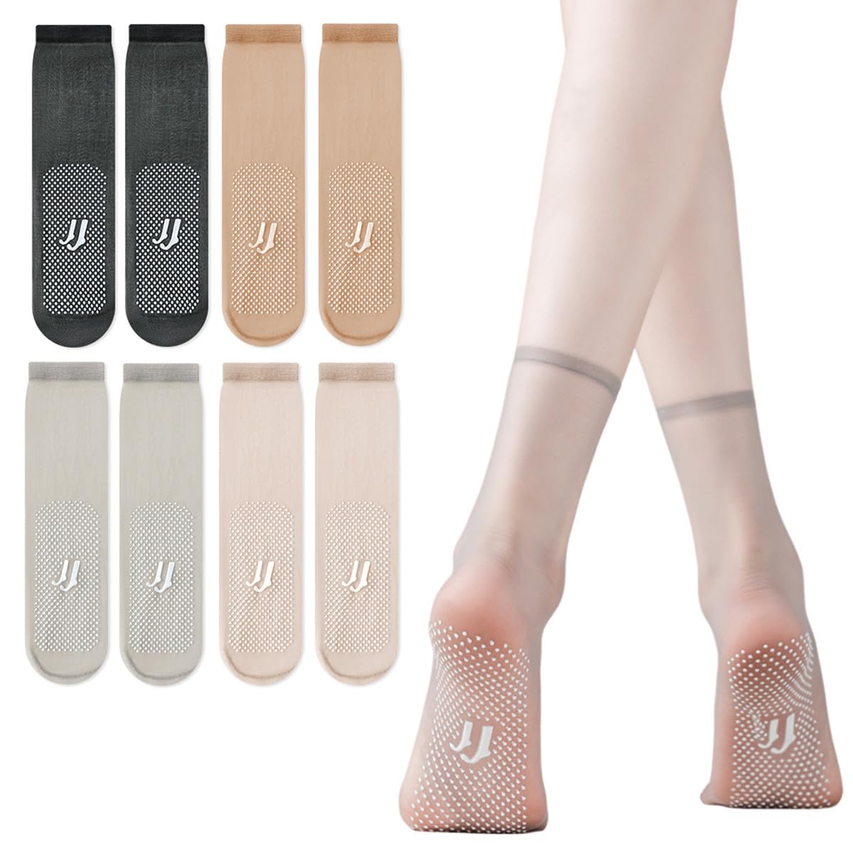 SamHeng 4 Pairs Women's Ankle High Pop Socks, Ultra Thin Invisible Crystal Silk, Anti-slip Bottom Transparent Hosiery, Silky Breathable Summer Nylon Sheer