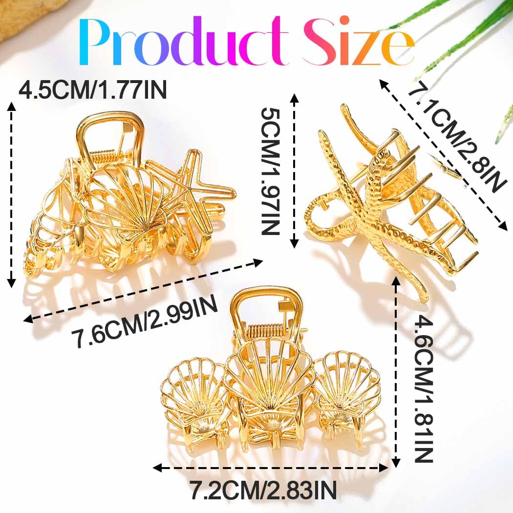 CAKURE Seashell Hair Clips Cute Gold Starfish Claw Clips Small Unique Hair Accessories for Women and Girls (Pack of 3) - Image 2