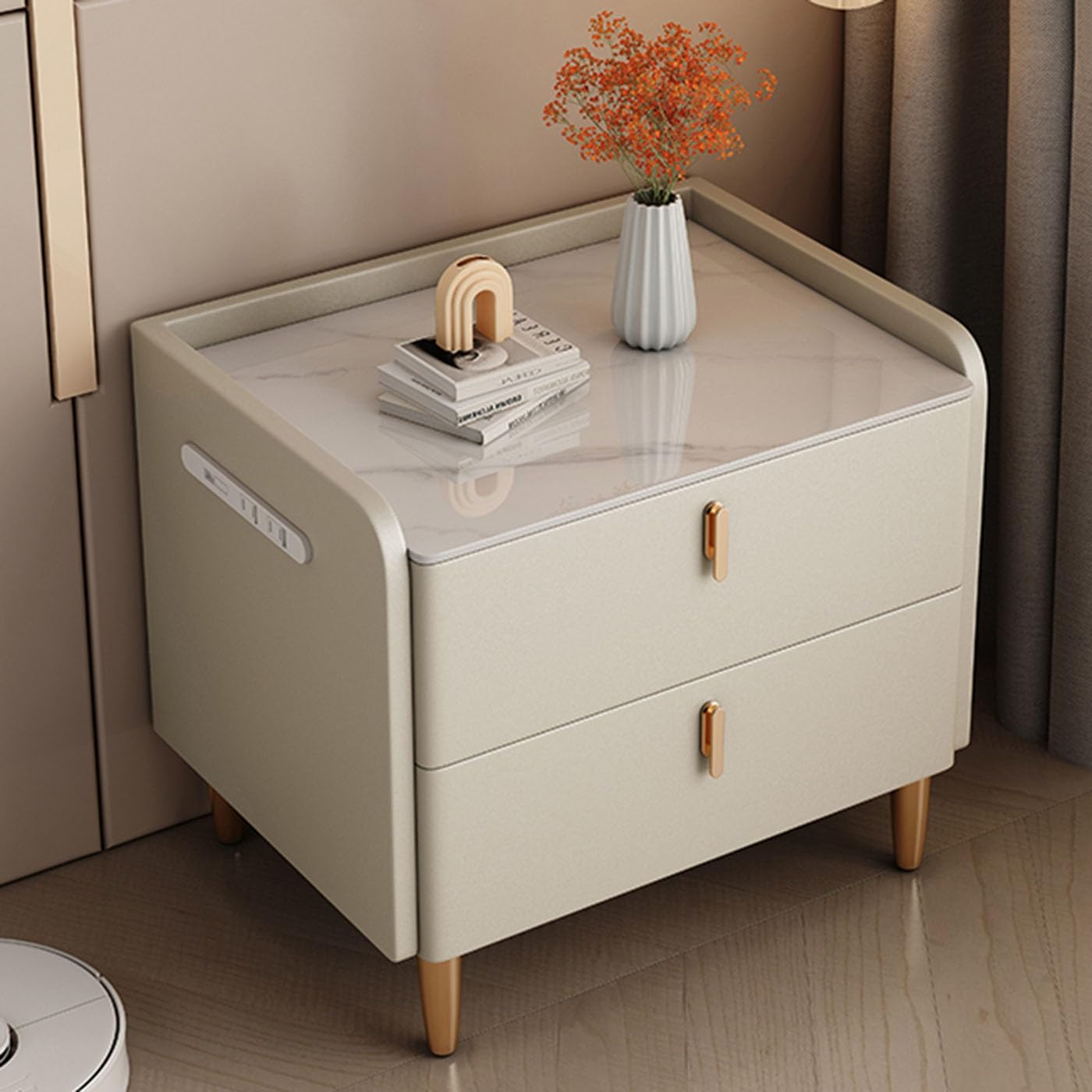 ASerZenith Smart Nightstand With Charging Station,Bedside Table W/Drawer,Minimalist And Practical End Side Table,Khaki-50X40Cm