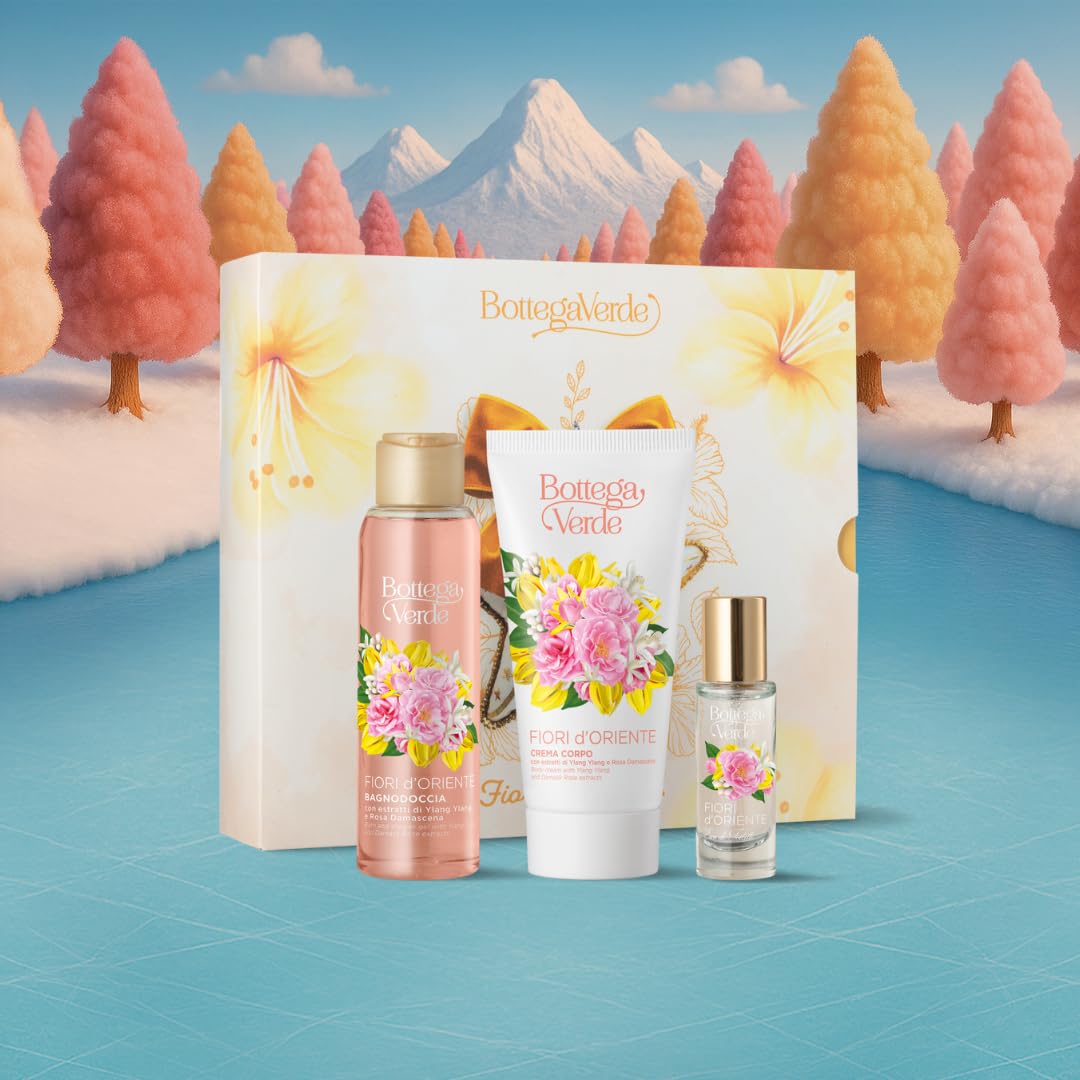 Bottega Verde - Cofanetto Regalo Fiori d’Oriente, Bagnodoccia 100 ml, Crema Corpo 100 ml e Eau de Toilette 10 ml, Fragranza Ylang Ylang e Rosa Damascena, Idea Regalo