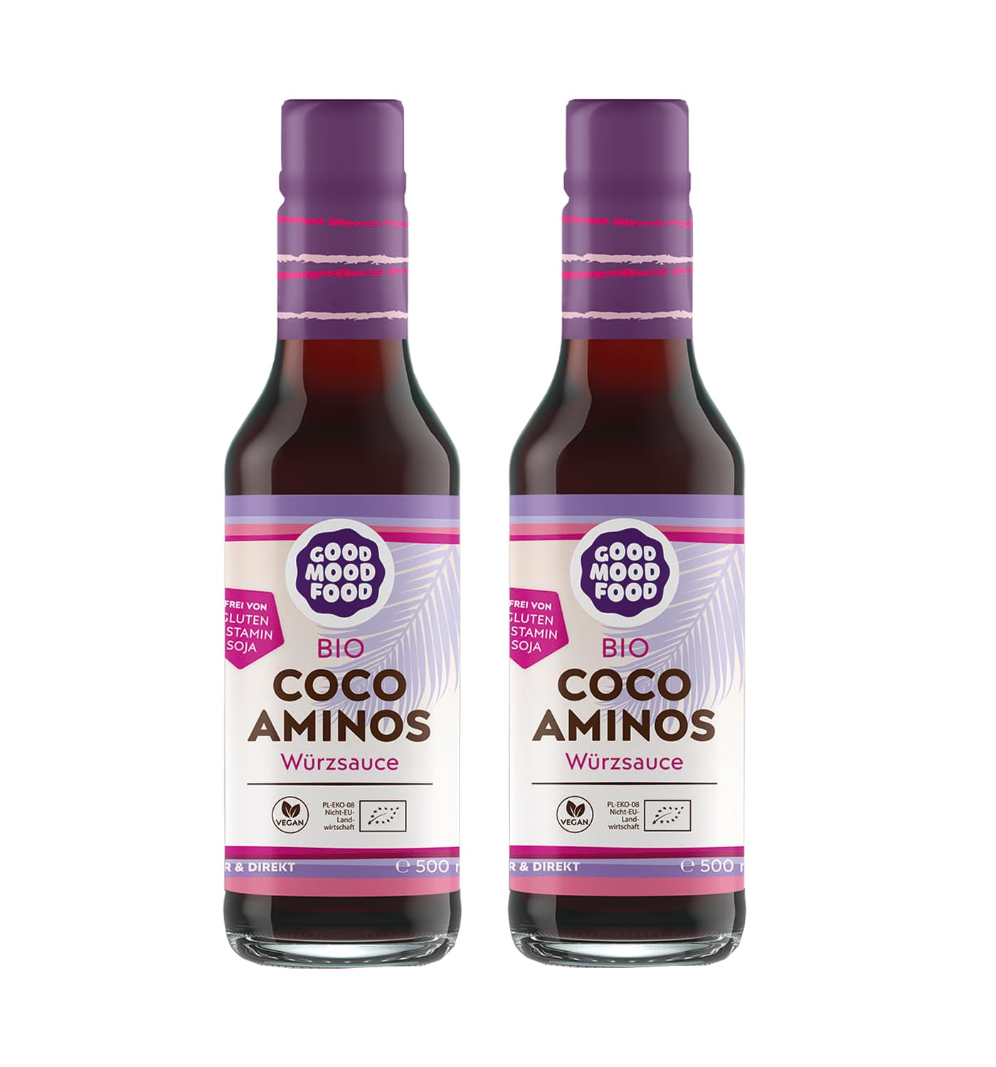 Goodmoodfood Bio Coco Aminos Würzsauce - Alternative Sojasauce, Vegan, Glutenfrei, Histaminfrei, Sojafrei, Umami Geschmack, für Marinaden, Dressings, asiatische Gerichte, als Topping - 2x500 ml