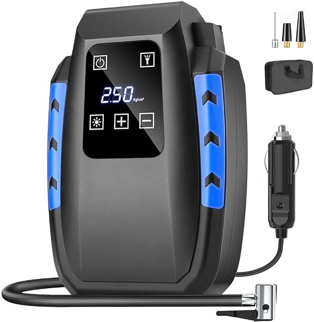 Guiseapue Car Tyre Inflator Air Compressor Tyre Pump 12V 150 PSI with 3 Nozzle Adaptors, LED Light for Car, Bicycle, Motorcycle, Ball (Blue)