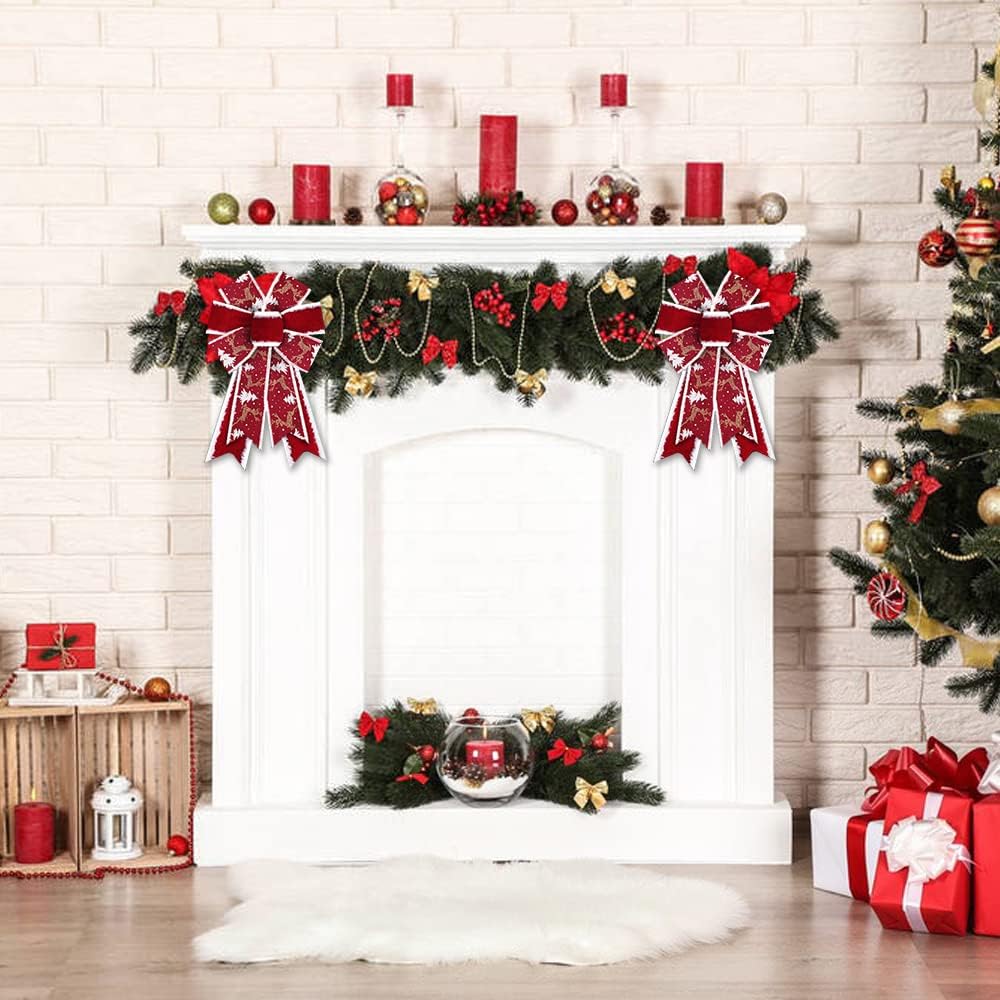 Threetols 2PCS Christmas Wreath Bows, Red Velvet Rustic Farmhouse for Front Door Winter Decorations, Glitter Deer Tree Bow for New Year Indoor Outdoor Xmas - Image 5