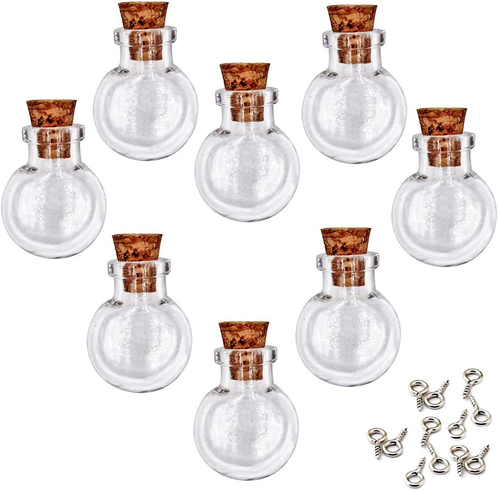 24Pcs Mini Glass Bottles with Cork Stoppers - 1 Inch Small Tiny Vials Jars Wishing Message Bottles Decorative Charms Necklace Pendant for Party Favors,Flat Round