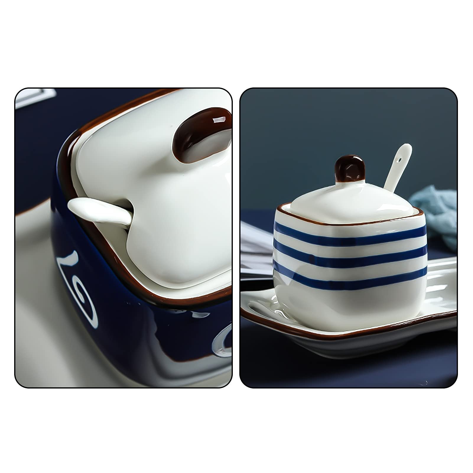 Set di 3 contenitori for spezie in ceramica con cucchiai e coperchi, for conservare pepe, zucchero, sale - Confezione da 2(Pack of 2)