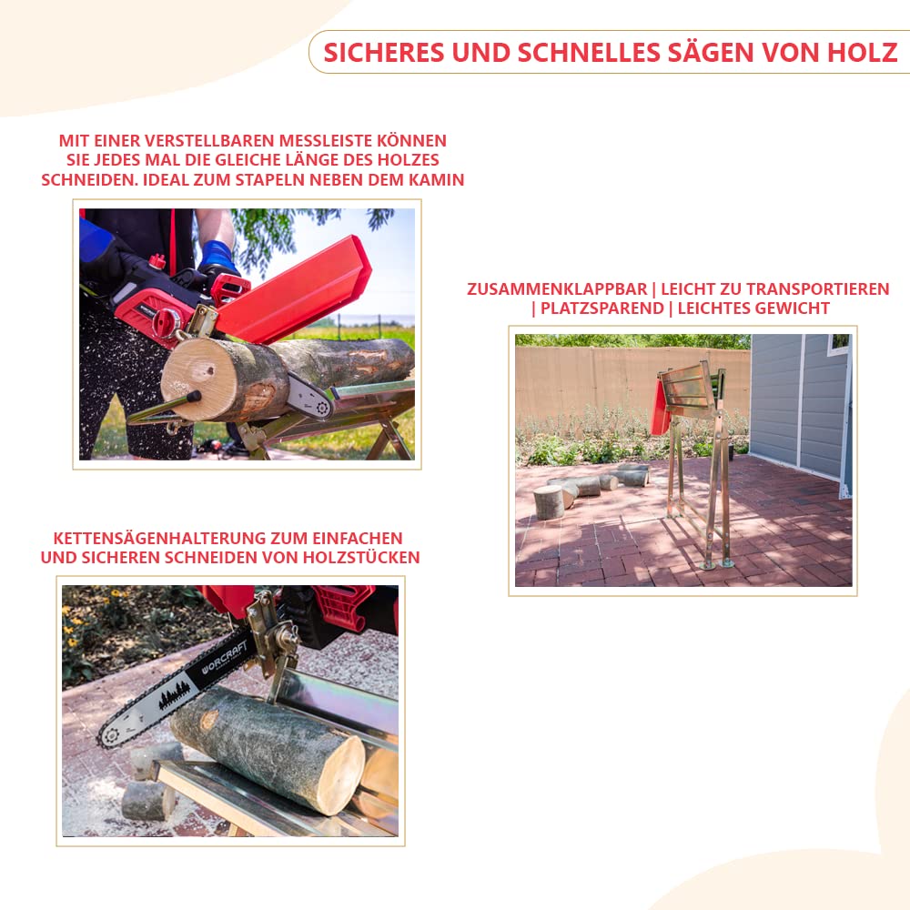 Sierra de sierra para motosierras – leña plegable con capacidad de carga de 120 kg – sierras de metal galvanizado con soporte para motosierra – Chainsaw horse con varilla de medición – Sierra de